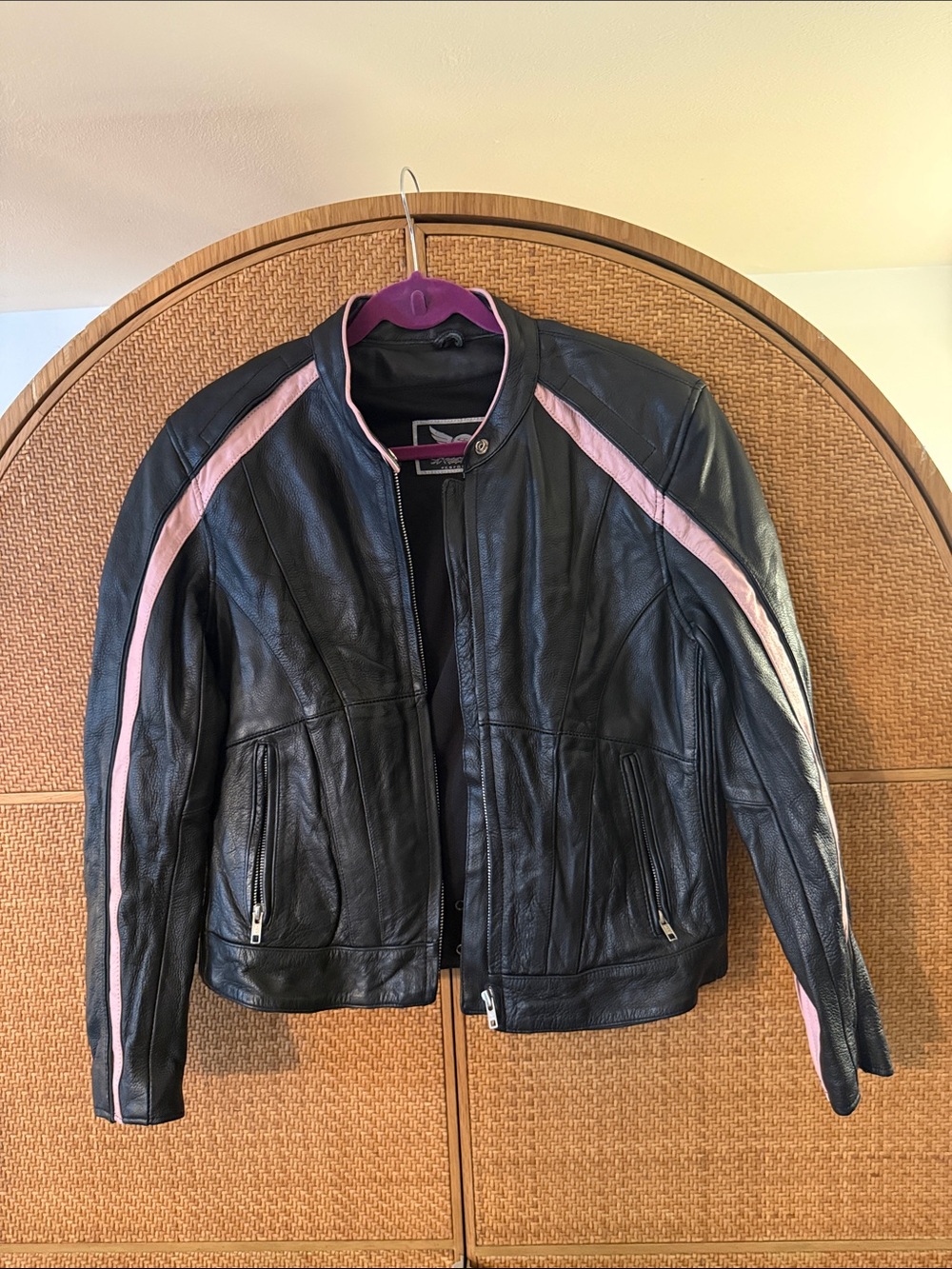 Women's Black Leather Jacket with Pink Stripe